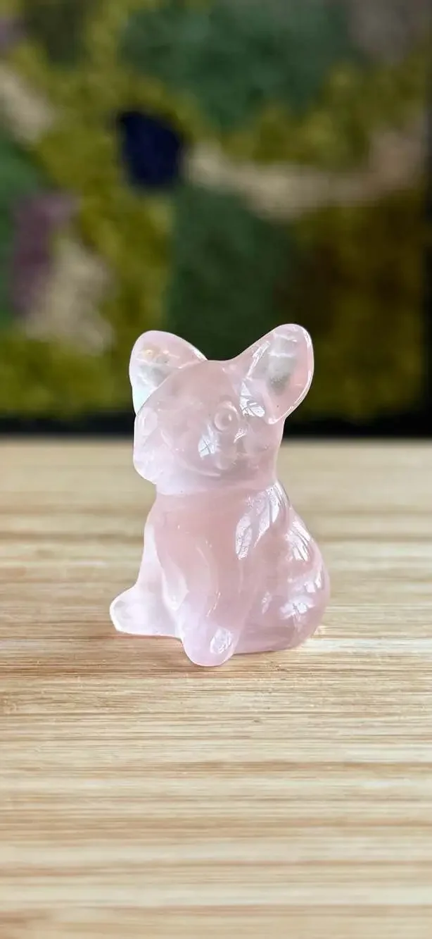 Natural Rose Quartz Hand-Carved French Bulldog Figurine